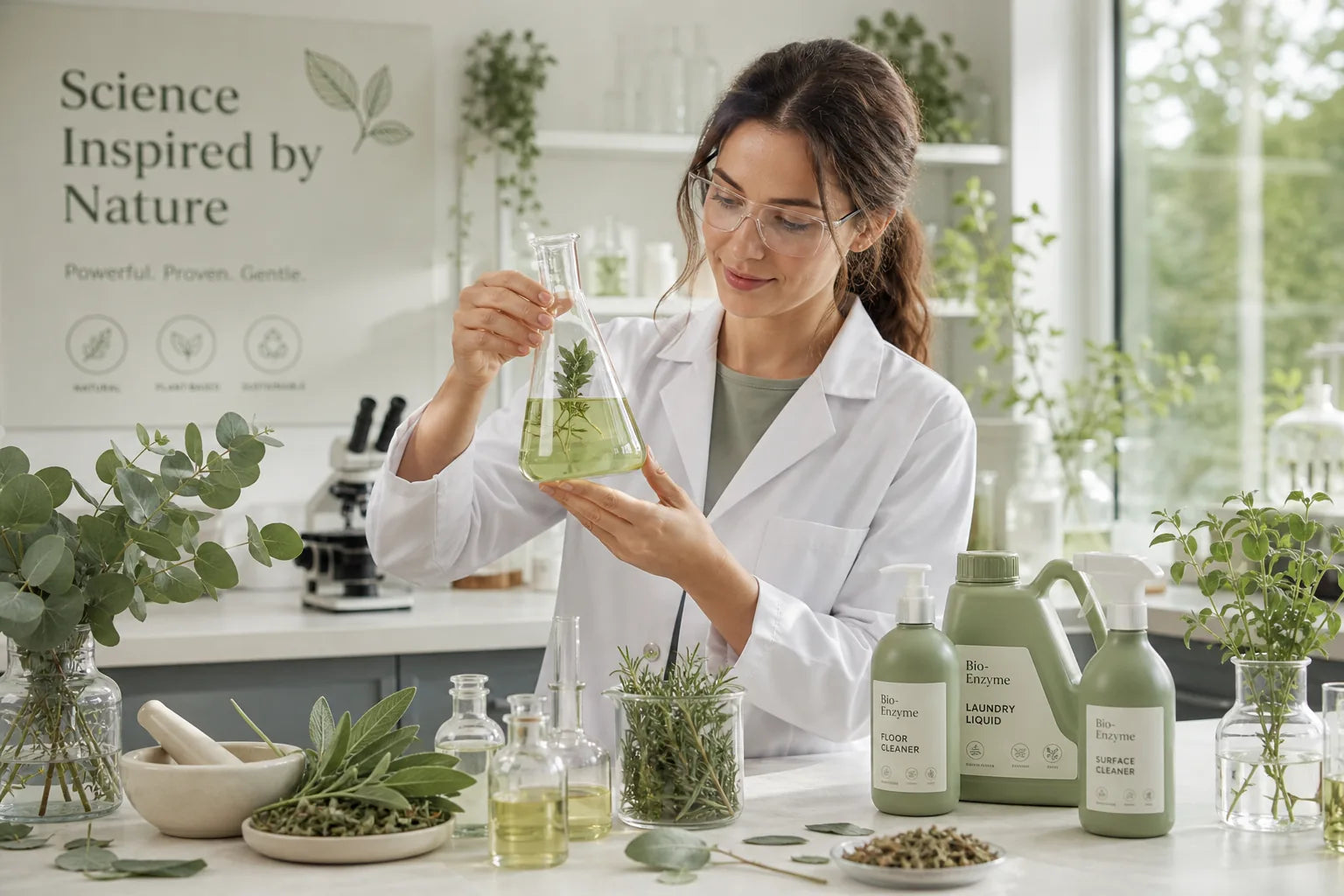 Sukizyme researcher blending plant-based bio-enzymes in the lab